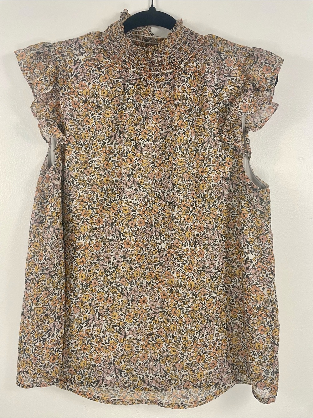 Floral Smocked Neck Ruffled Sleeve Blouse - Yellow Pink